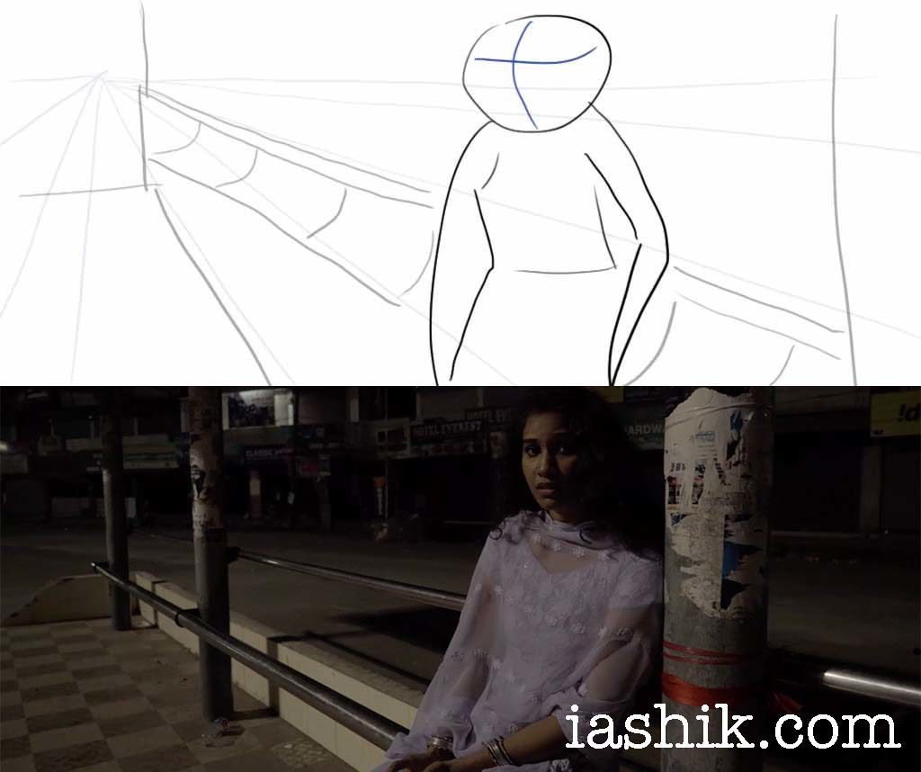 A stick figure storyboard and the final frame from Dhaarna. Aneesha Ummer sits lost at a bus stop.