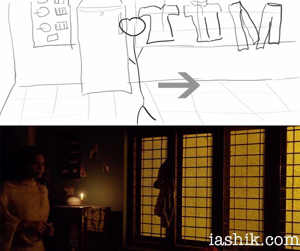 A stick figure storyboard and the final frame from Dhaarna. Aneesha Ummer walking by, clothes hanging.