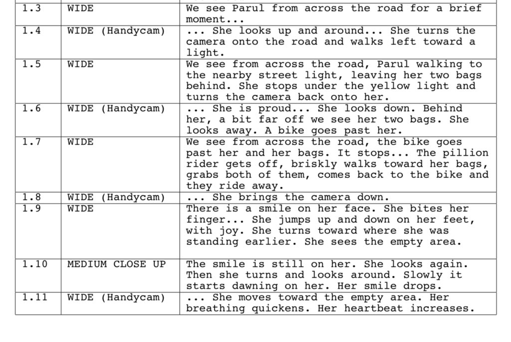 Dhaarna Shooting Script | A Sample for Planning a Shoot with One Camera