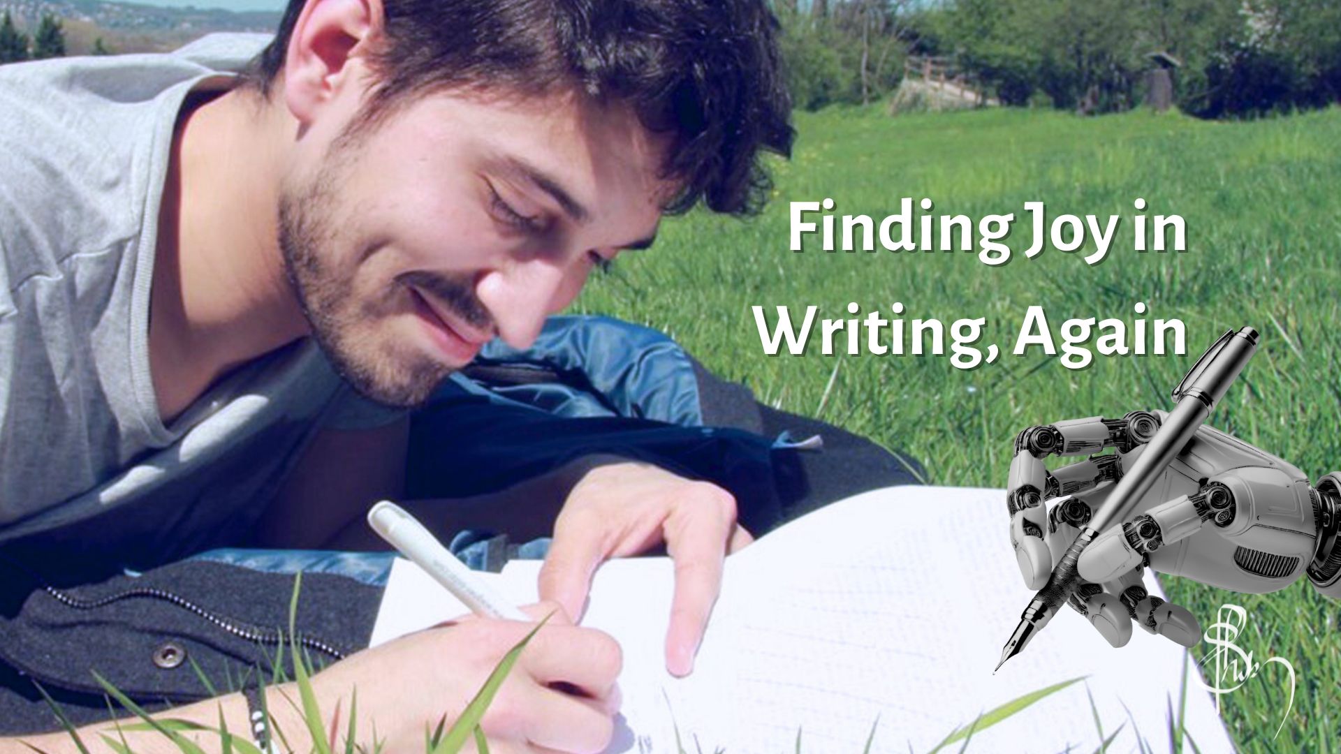 A person smiling while writing in a notebook on grass, with a robotic hand holding a pen, symbolizing rekindling my passion for writing.