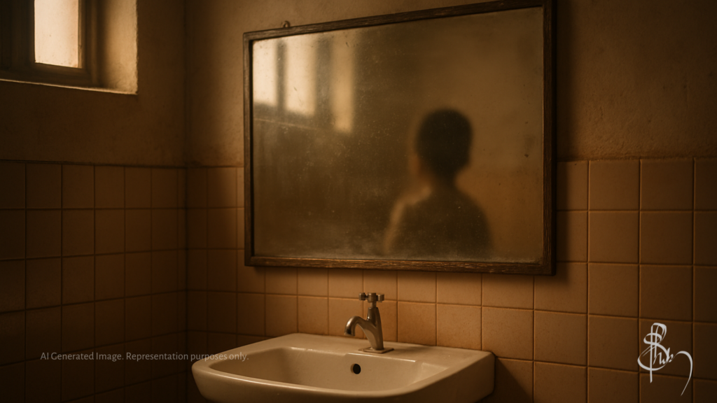 A dimly lit, old school bathroom with beige tiled walls and a simple white sink beneath a large, slightly fogged mirror. In the mirror’s blurred reflection, the faint silhouette of a small child is visible, softly obscured by water droplets and light. Warm sunlight filters in through a high window, casting a nostalgic glow over the worn space.