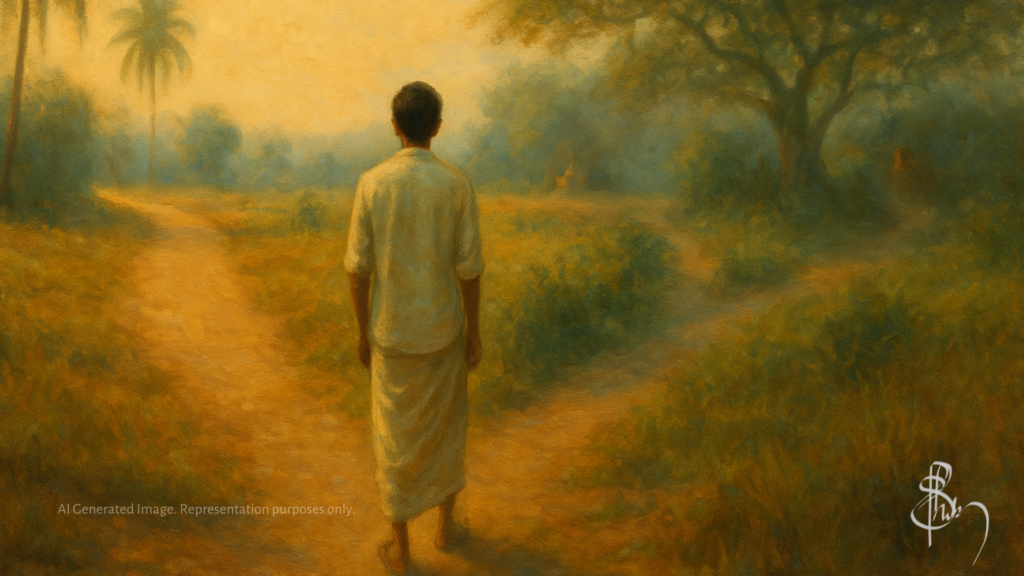A traditional oil or acrylic-style painting of a lone person standing at a forked dirt path in rural India during golden hour. One path is wide, sunlit, and well-trodden, while the other is narrow, shaded, and partly overgrown with vegetation. The person, seen from behind, wears simple Indian clothing and stands still in quiet contemplation. The surrounding landscape includes reddish laterite soil, palm trees, dry grass, and a distant tree canopy. The mood is reflective and calm, symbolizing an internal choice between two contrasting directions.