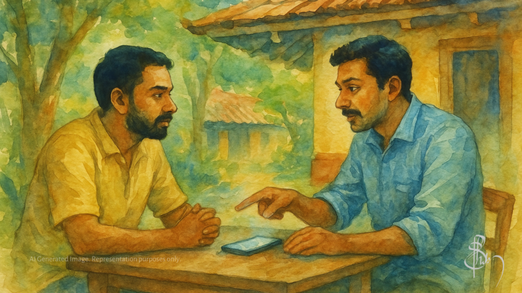 Two South Asian men in a Kerala courtyard discussing and pointing at a glowing phone, capturing the mood of trying ChatGPT for the first time