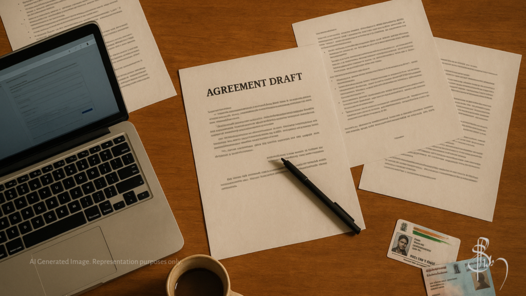 A top-down view of a wooden desk with scattered documents, including one labeled “AGREEMENT DRAFT” at the center. A black pen rests diagonally on the paper. To the left, a laptop is partially open, and a ceramic coffee mug sits nearby with some coffee inside. At the bottom right, two identification cards—an Aadhaar and PAN card—are partially visible. The lighting is warm and natural, evoking a thoughtful, slightly overwhelmed workspace.