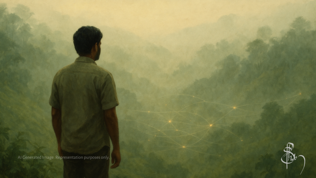 A man in a simple shirt and trousers stands on the edge of a mist-covered hillside in a Kerala-like landscape, gazing into a fog-filled valley. Soft golden lines resembling a digital network or constellation glow subtly through the fog, suggesting hidden connections. The scene is calm, introspective, and painterly, visually representing the idea of using ChatGPT instead of Google—especially when the search begins in uncertainty and intuition rather than clear keywords.