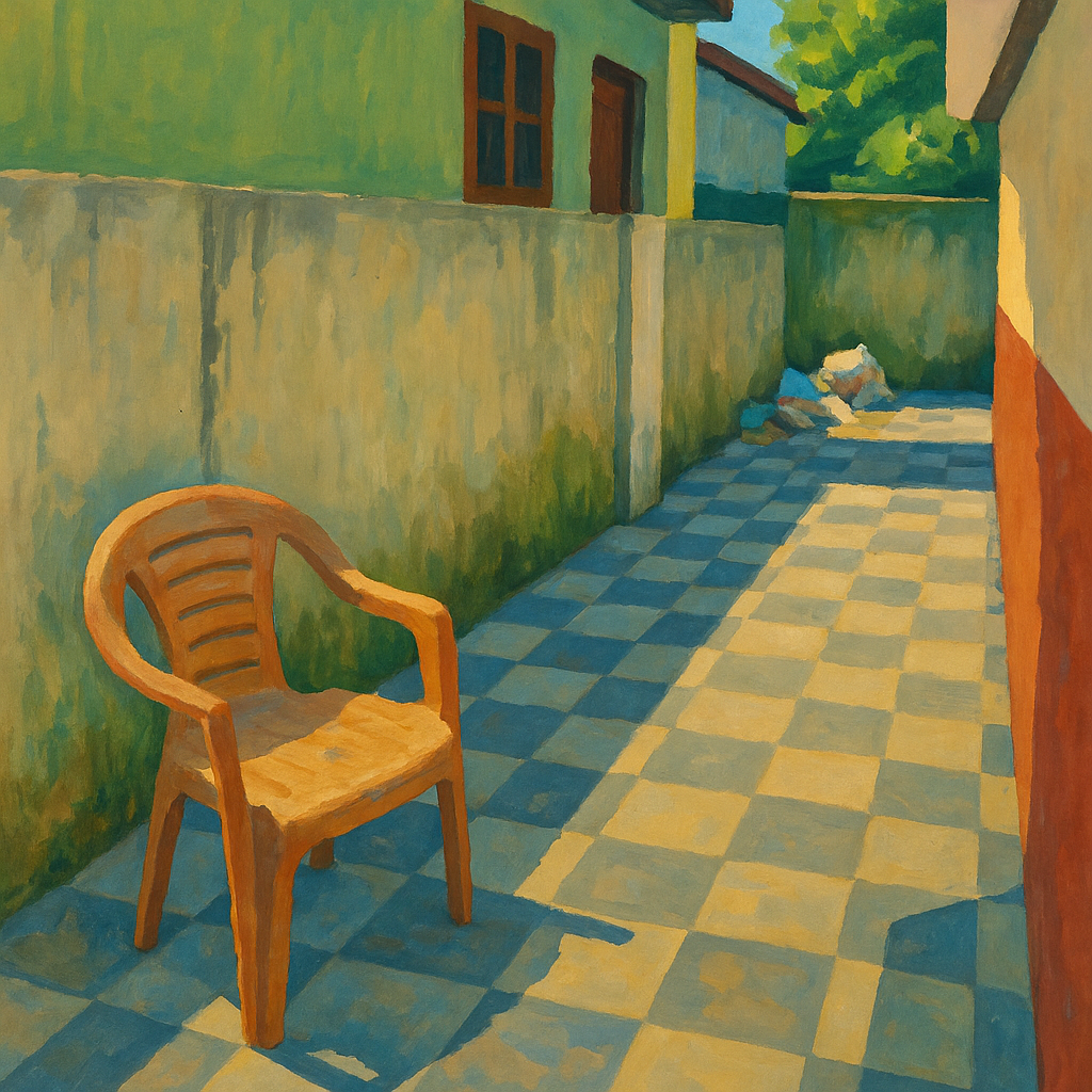 A gouache-style painting of the same corridor scene, rendered with matte textures and flat, opaque color. The checkered tiles and red-and-white wall are stylized but recognizable. The plastic chair on the left appears sun-faded and worn. Light and shadow are emphasized with simplified contrast. The pile of trash at the far end is abstracted but still present. The overall mood is quiet and observational, capturing how AI helped me pay attention to overlooked textures, light, and form.