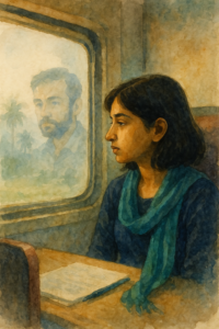 A watercolor painting of a quiet moment inside an Indian train during the day. A young woman with dark shoulder-length hair is seated by the window, looking outside. She wears a faint teal scarf or a teal strap from a backpack, which stands out softly. Through the misty window, a subtropical landscape with palm trees and hazy greenery is visible in the background. A faint, subtle reflection of a man’s face appears in the glass—not as a ghost, but as a natural overlay—blended into the window scene. The atmosphere is warm and contemplative, with sunlight gently filtering into the train. The brush strokes are soft and fluid, with a muted color palette. No harsh edges. The overall tone is reflective, quiet, and nostalgic.