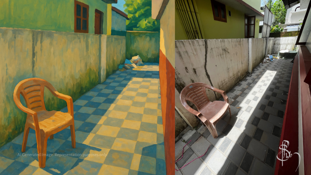 A side-by-side of a real corridor photo and its AI-generated painting, capturing how AI helped me pay attention to overlooked details and quiet composition.