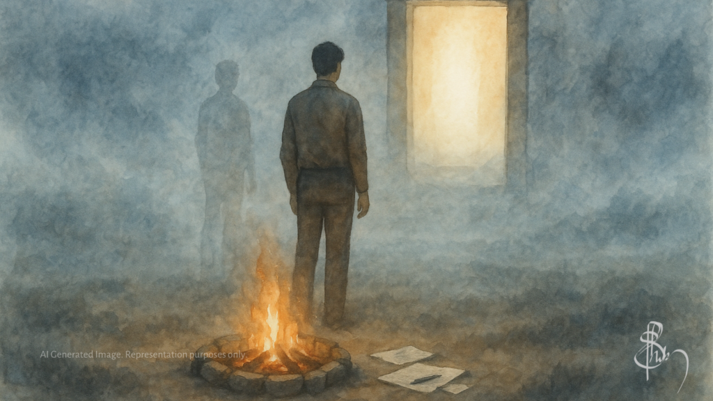 Watercolor painting of a solitary figure standing before a glowing doorway in a foggy landscape, rising from a small ritual fire surrounded by journal pages. A visual metaphor for breaking through a stuck filmmaking career through self-reflection and inner clarity.