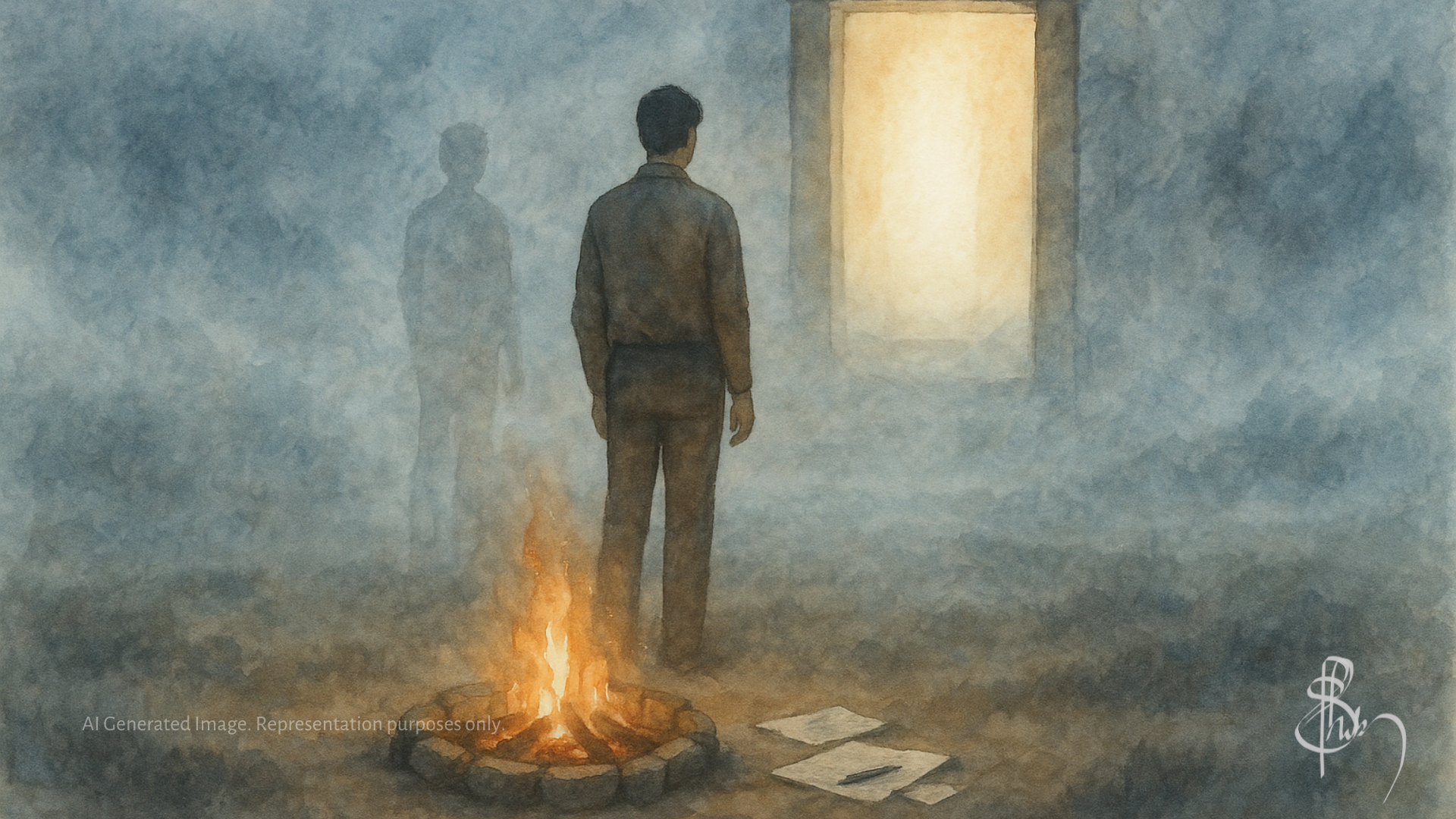 Watercolor painting of a solitary figure standing before a glowing doorway in a foggy landscape, rising from a small ritual fire surrounded by journal pages. A visual metaphor for breaking through a stuck filmmaking career through self-reflection and inner clarity.