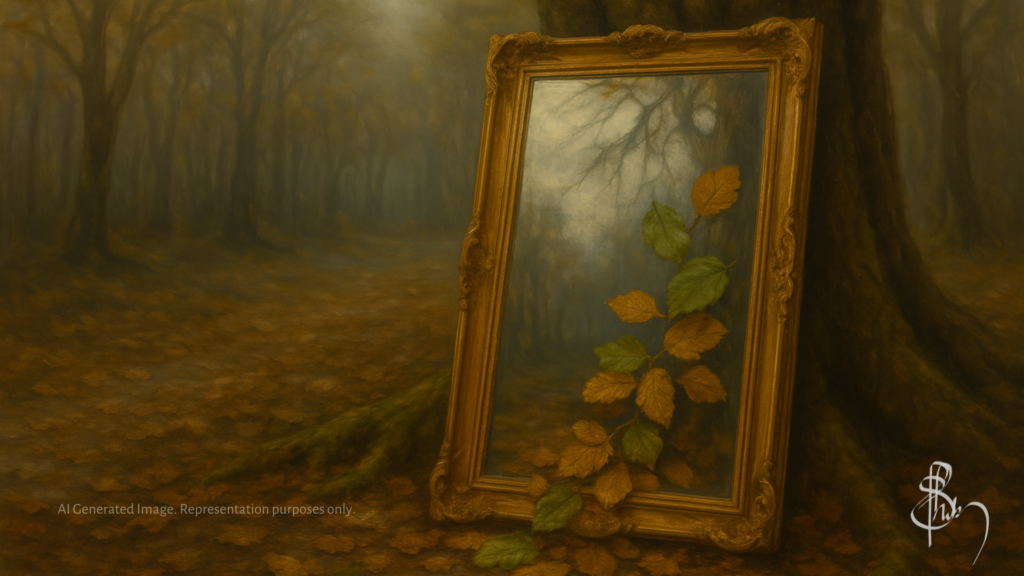 A landscape oil painting showing a tall, ornate mirror leaning against a banyan tree in a misty tropical forest, partially covered with green and brown leaves. The mirror reflects the sky and bare branches above, symbolizing quiet reflection and the role of using AI in my writing process.