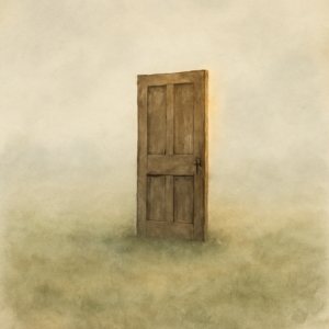A watercolor painting of a single, old wooden door standing upright in the middle of a foggy grassy field. There are no walls or buildings—only the door. It is positioned slightly off-center, and a subtle warm highlight glows faintly along one edge. The surrounding field is pale green and beige, fading softly into thick morning fog. The horizon line is nearly invisible, blending into the mist. The atmosphere is dreamlike, silent, and still. The brushwork is soft and minimal, with a muted, natural color palette. The image feels symbolic and poetic, like standing before an unknown passage.