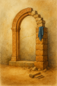 A symbolic watercolor painting visualizing the idea of using AI in my writing process, featuring a half-finished stone arch set against a textured wall. The left side, finely carved, represents the human voice and creative intention, while the rough, incomplete right side—marked by chalk lines, tools, and a draped indigo cloth—embodies how AI contributes structural support without replacing authorship. This quiet visual metaphor captures the balance between human expression and machine assistance, reflecting the nuanced role of using AI in my writing process without surrendering creative control.