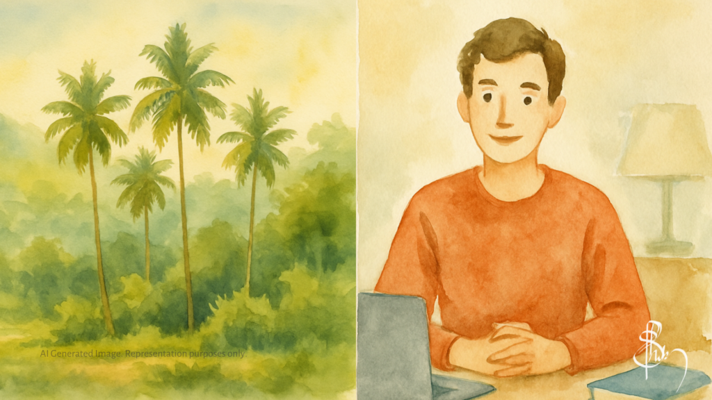 Watercolour illustration for a blog on the difference between documentary and YouTube video, showing a tropical landscape with coconut palms on one side and a simplified young person at a desk on the other, reflecting the contrast between documentary and YouTube explainer scenes.