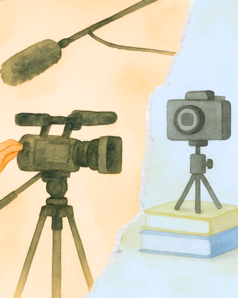 Watercolour illustration showing the difference between documentary and YouTube video production tools. On the left, a large camera on a tripod with a boom microphone and a hand adjusting it. On the right, a compact camera on a small tripod placed on stacked books.