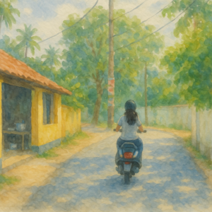 A watercolor painting of a woman on a scooter riding down a sunlit village lane in South India. She passes by a small yellow house with a tiled roof, surrounded by trees and power lines. The road is quiet and dappled with shade, evoking a slow, familiar rhythm of neighborhood errands — a contrast to India’s fast-growing delivery apps.