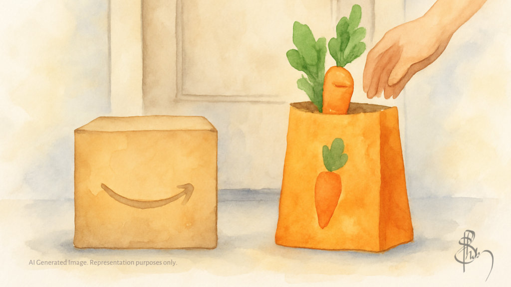 Watercolor illustration of a doorstep delivery scene symbolizing the growing speed and convenience of India’s delivery apps — with a plain brown cardboard box on the left and a bright orange grocery bag with fresh produce on the right, as a hand reaches down to pick it up.