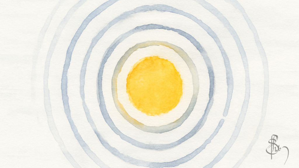 Watercolor painting of a bright yellow circle at the center, surrounded by soft blue concentric rings that ripple outward. The image visually represents awareness in writing—like a thought or word radiating from silence, each ring echoing the movement between presence and expression.