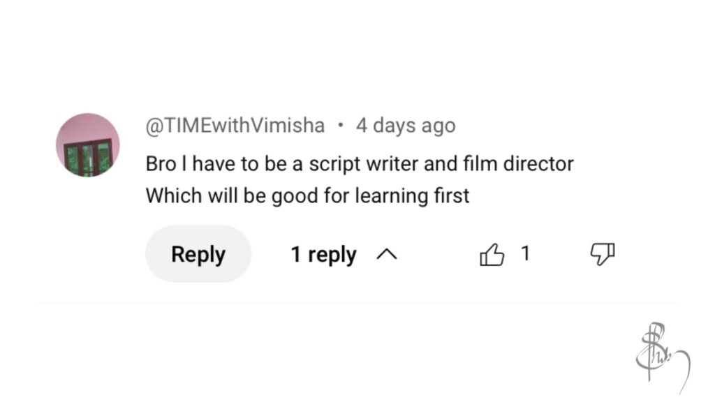 YouTube comment from a viewer asking if scriptwriting or directing should come first, illustrating the question behind how to start learning filmmaking.