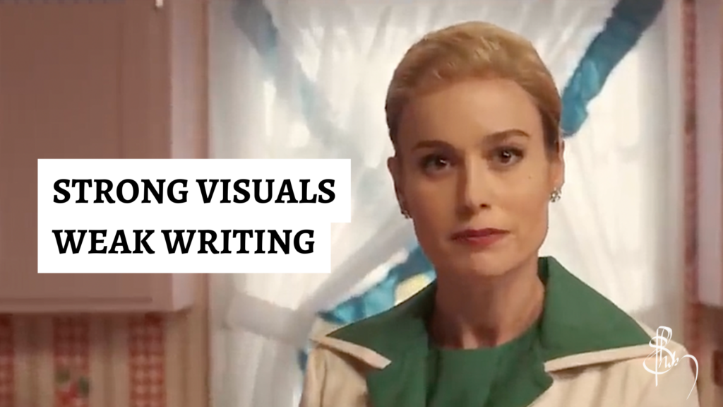 Brie Larson as Elizabeth Zott in Apple TV+’s Lessons in Chemistry, wearing a green dress and white coat, with text overlay reading “Strong Visuals, Weak Writing.”