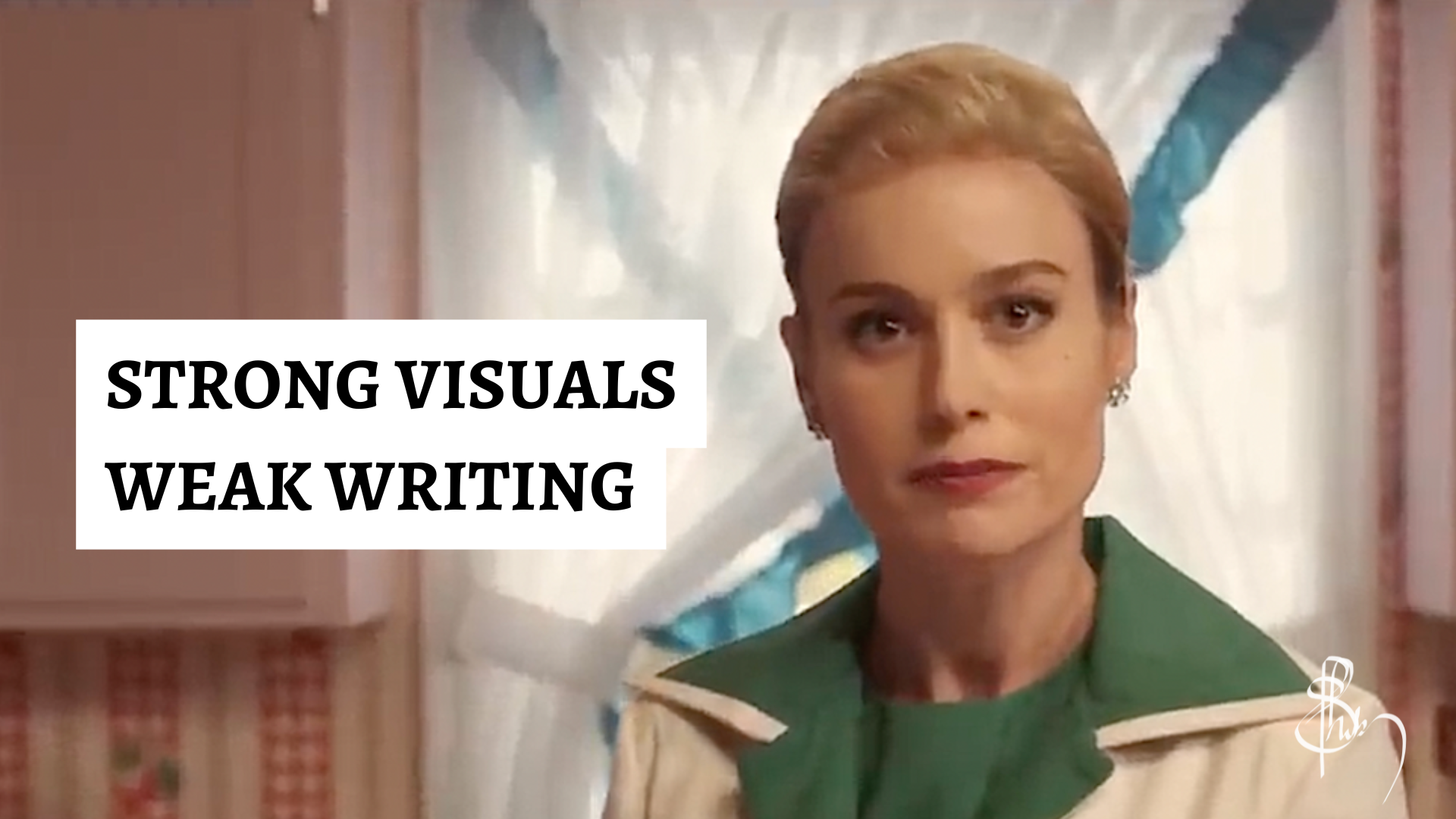 Brie Larson as Elizabeth Zott in Apple TV+’s Lessons in Chemistry, wearing a green dress and white coat, with text overlay reading “Strong Visuals, Weak Writing.”