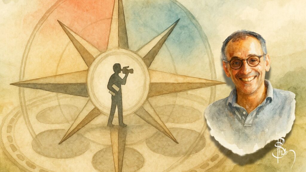 A watercolor painting symbolically explores public film funding for aspiring filmmakers, featuring a central compass rose with a silhouetted filmmaker holding a camera and script. The compass rests on a faint film reel, representing navigation through complex funding systems. Warm and cool tones divide the image into distinct funding directions. A smiling Ilann Girard appears to the side.