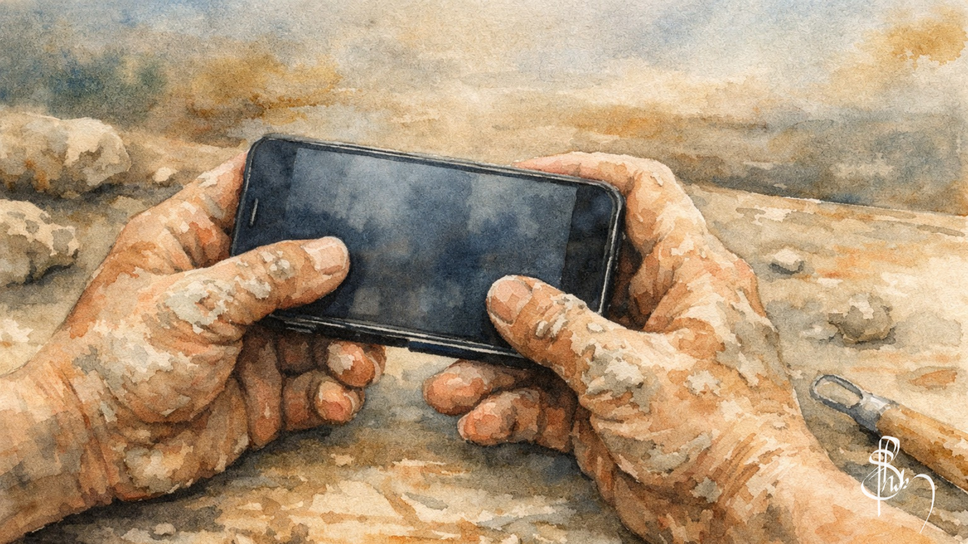 Hands covered in dried clay hold a smartphone above a work table during a pottery workshop, with unfinished clay and simple tools visible nearby, capturing an ordinary moment in the middle of making.