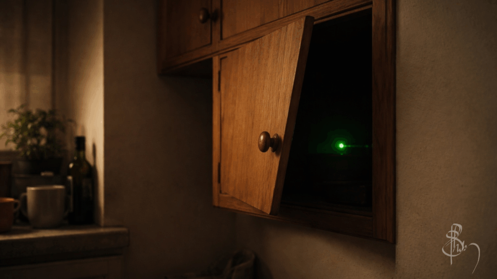 Green heart rate sensor glowing inside dark cupboard drawer—an instant manifestation example of finding a forgotten fitness tracker with no display that tracks heartbeat and steps