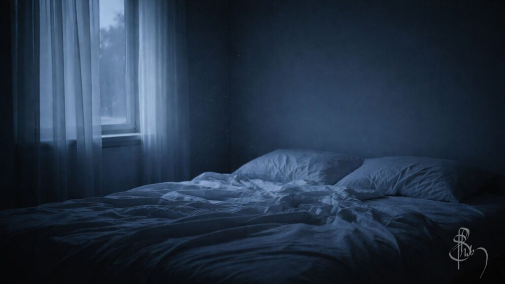 A quiet late-night moment of reflection capturing the feeling of late night regret about past choices — lying awake at 3 a.m., thinking about a past relationship, uncertain life paths, and the stillness of the present moment.