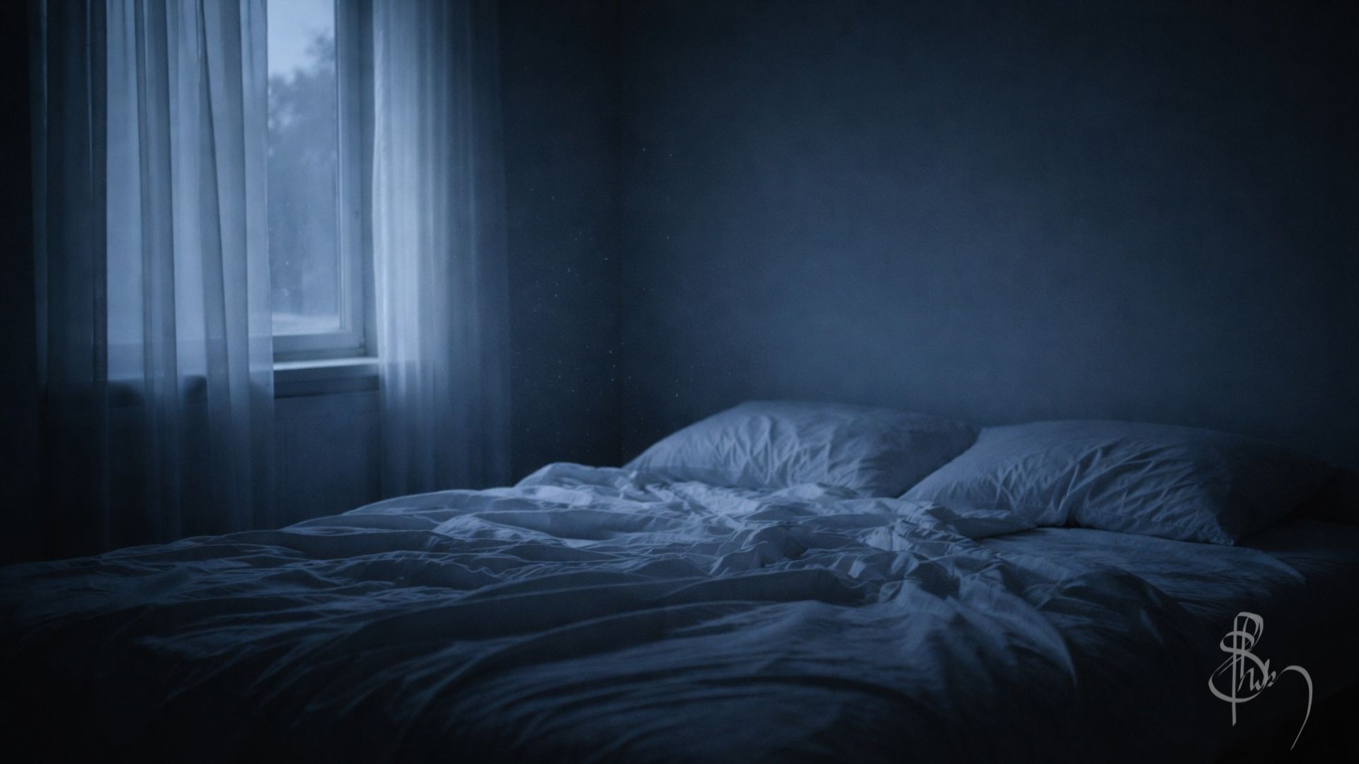 A quiet late-night moment of reflection capturing the feeling of late night regret about past choices — lying awake at 3 a.m., thinking about a past relationship, uncertain life paths, and the stillness of the present moment.