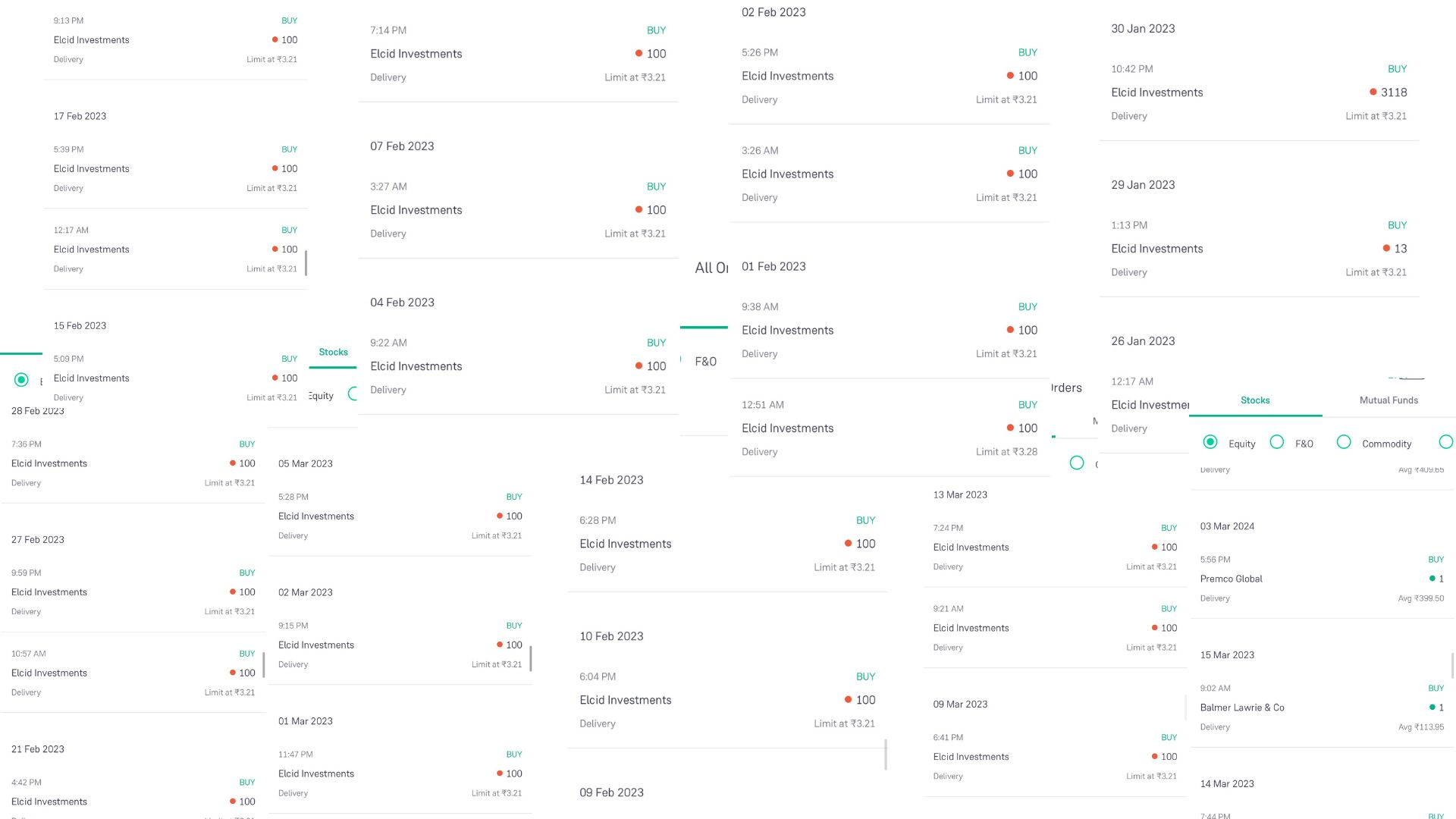 Screenshot of repeated buy orders for Elcid Investments in early 2023, showing multiple attempts at ₹3.21—part of the story of how I was 112 days away from ₹9.9 crores.