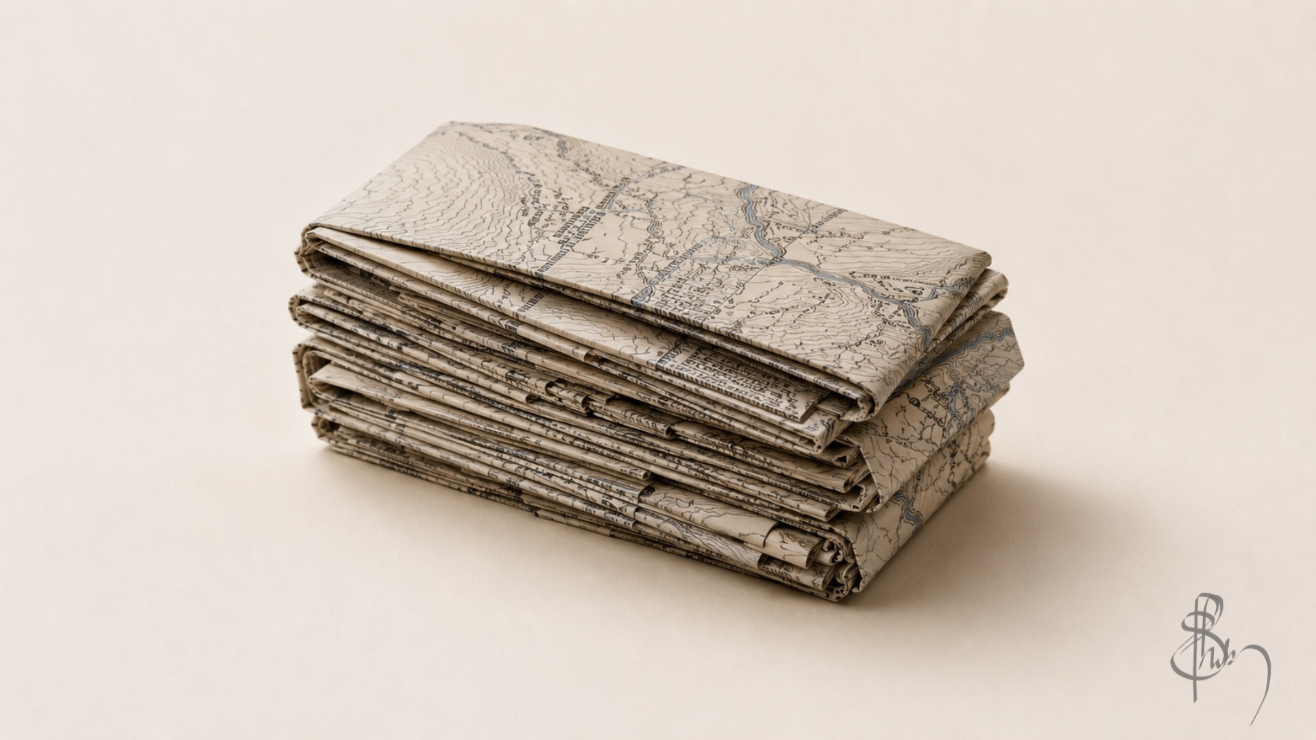 A repeatedly folded cartographic sheet metaphorically representing an essay about publishing essays in the age of AI.