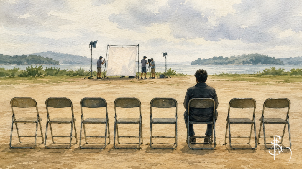 Cover illustration for "Is Filmmaking a Good Career?" showing one person seated among mostly empty folding chairs, facing a small independent film production in the background.