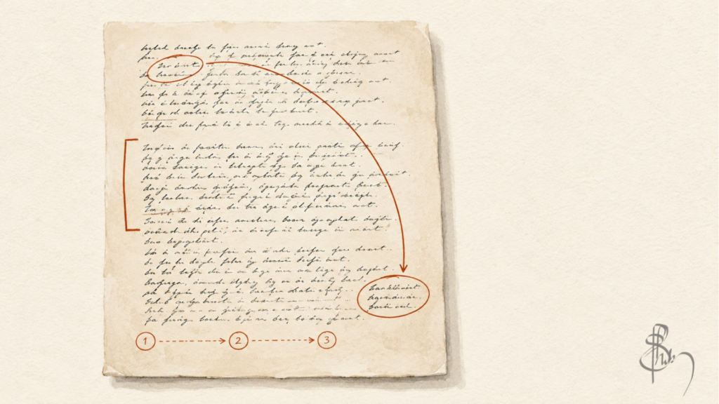 Handwritten manuscript with structural annotations illustrating the idea of using AI in writing to reveal hidden relationships without changing the original draft.