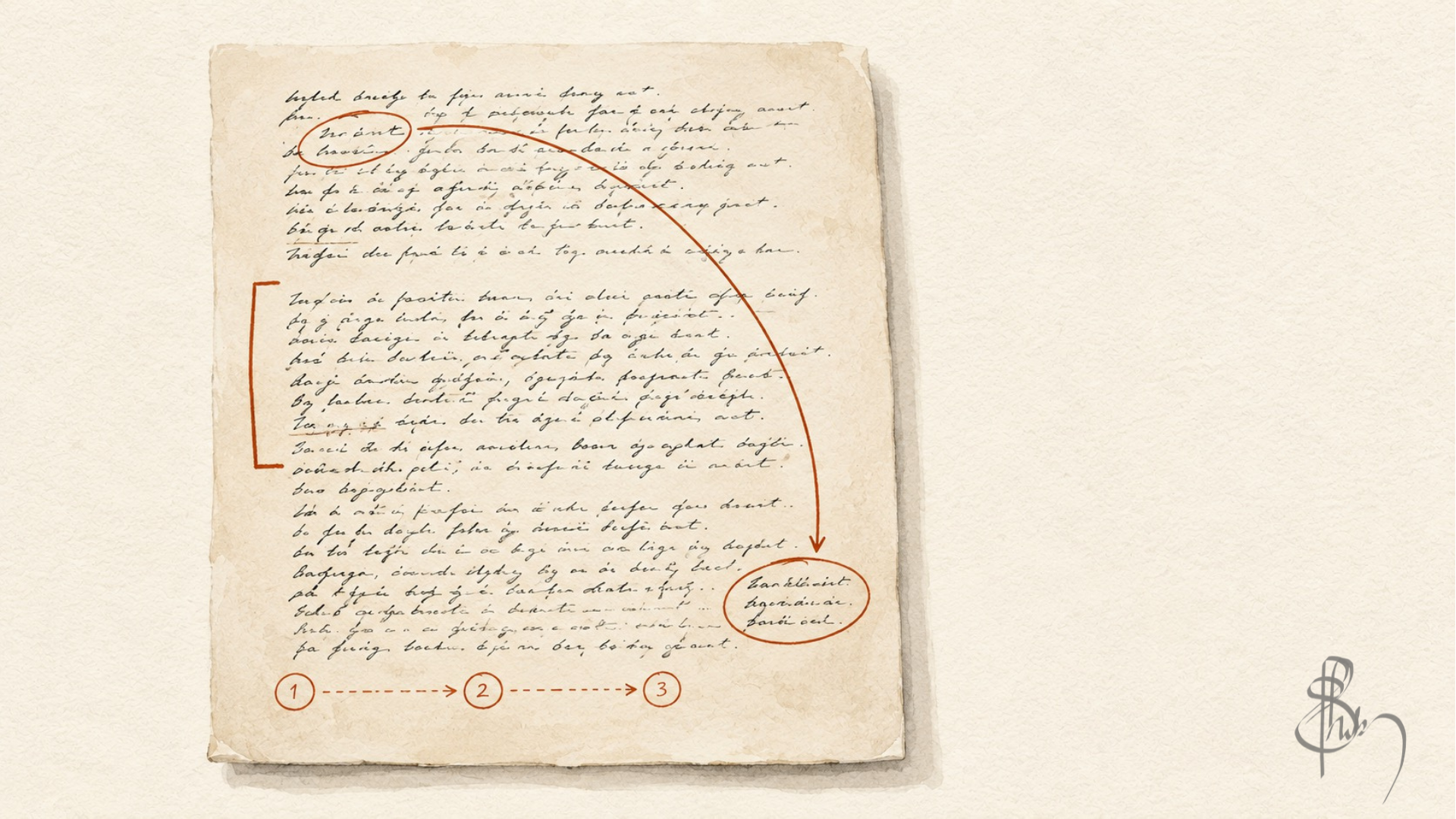 Handwritten manuscript with structural annotations illustrating the idea of using AI in writing to reveal hidden relationships without changing the original draft.