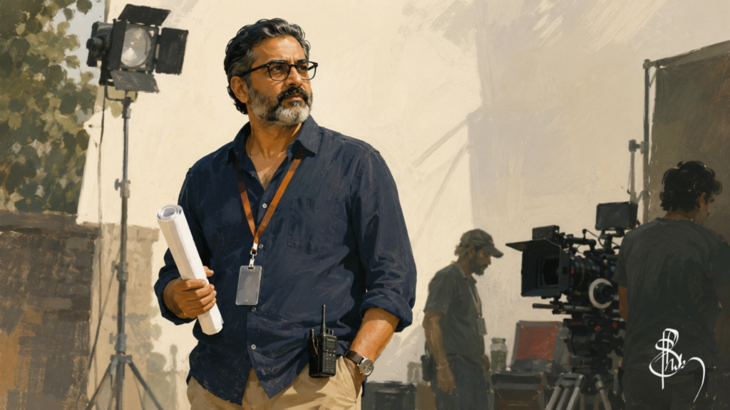 Editorial cover illustration for the article "Who is a Film Producer," depicting an experienced film professional on an active film set with production paperwork in hand while crew members work with cameras and lighting in the background.
