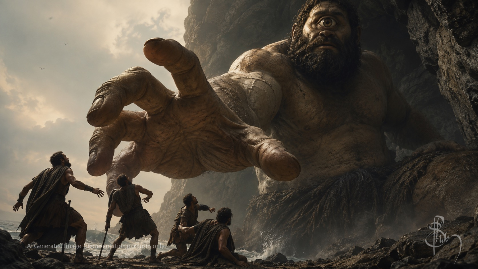 Christopher Nolan's The Odyssey depicted in a dramatic painterly scene, with tiny Greek sailors recoiling from a colossal one-eyed Cyclops reaching toward them from a rocky shore.